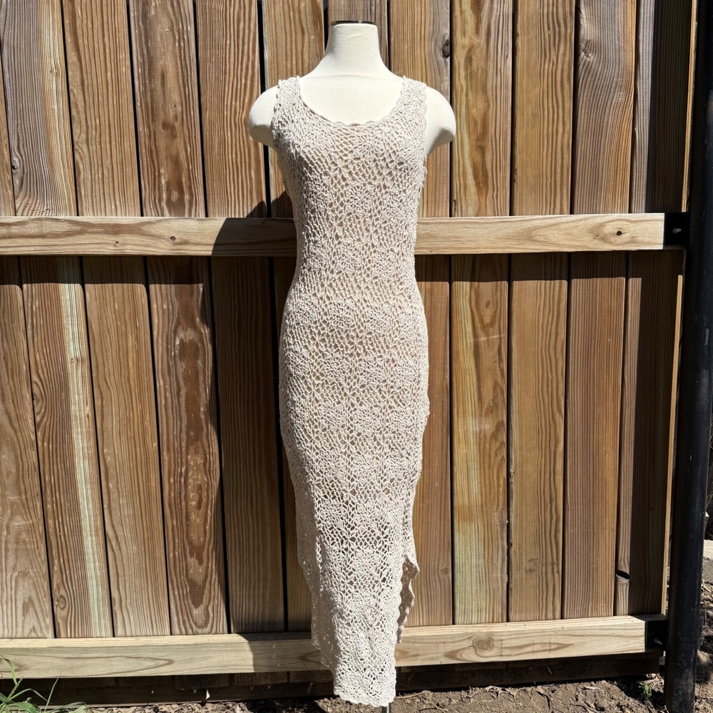 Newport News Crochet Knit Maxi Dress Sleeveless Beige‎ Ramie Cotton M